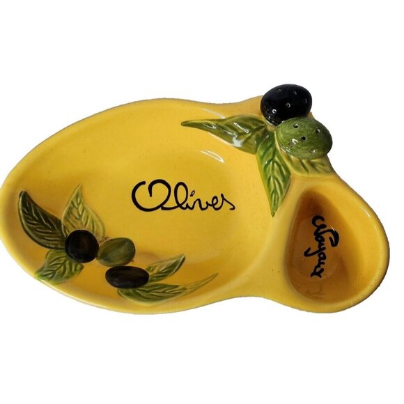 Vintage Silea Pottery French Yellow Porcelain Olive Serving Dish Divided - Picture 1 of 9